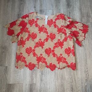 New nwt Chico’s Red and Tan Crochet Women's Top size XXL or size 4 lace detail